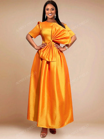 Asymmetrical Neck Short Sleeve A-Line Dress With Bow Decor