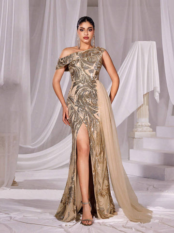 Asymmetrical Neck Split Thigh Sequin Formal Dress