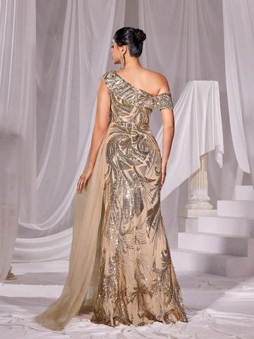 Asymmetrical Neck Split Thigh Sequin Formal Dress