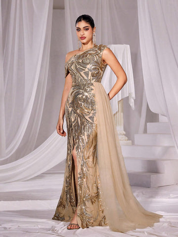 Asymmetrical Neck Split Thigh Sequin Formal Dress