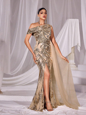 Asymmetrical Neck Split Thigh Sequin Formal Dress