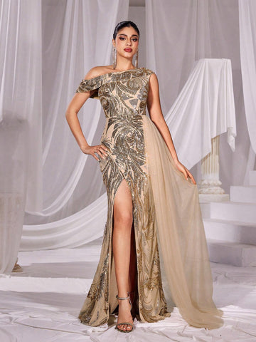Asymmetrical Neck Split Thigh Sequin Formal Dress
