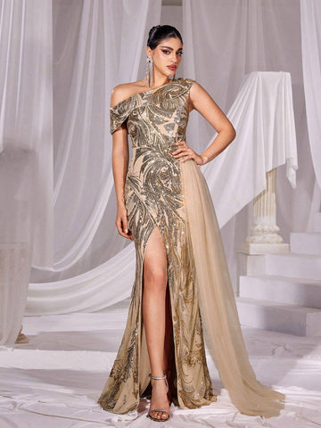 Asymmetrical Neck Split Thigh Sequin Formal Dress