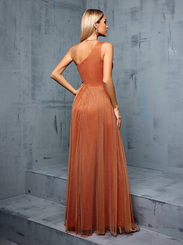 Asymmetrical Neckline, Hollow Out Design, High Slit, A-line, Mesh Bridesmaid Long Dress