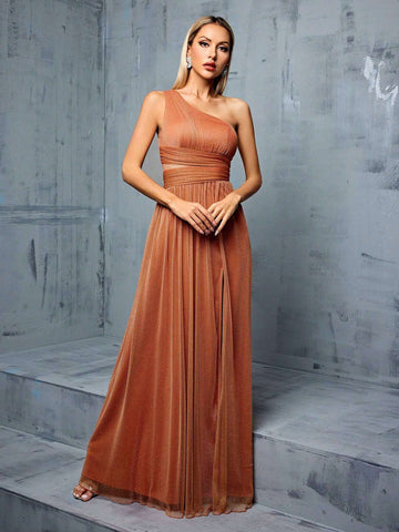 Asymmetrical Neckline, Hollow Out Design, High Slit, A-line, Mesh Bridesmaid Long Dress