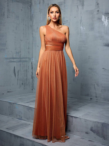 Asymmetrical Neckline, Hollow Out Design, High Slit, A-line, Mesh Bridesmaid Long Dress