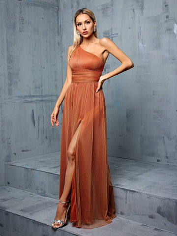 Asymmetrical Neckline, Hollow Out Design, High Slit, A-line, Mesh Bridesmaid Long Dress
