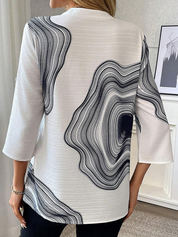 Asymmetrical Pattern V-Neck Rolled Sleeve Shirt