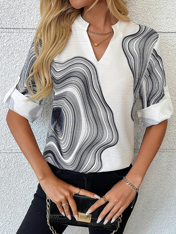 Asymmetrical Pattern V-Neck Rolled Sleeve Shirt