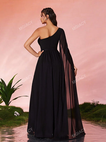 Asymmetrical Shoulder Pearl Detail Sequin Sleeve Front Split High-End Evening Dress