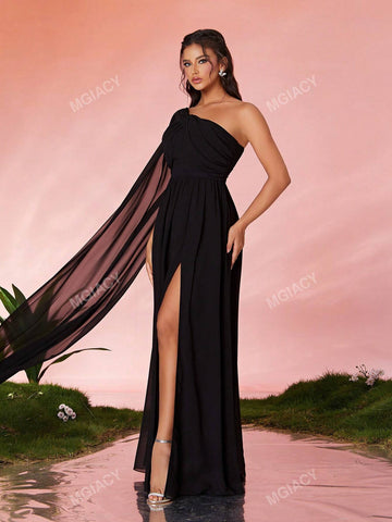 Asymmetrical Shoulder Pearl Detail Sequin Sleeve Front Split High-End Evening Dress