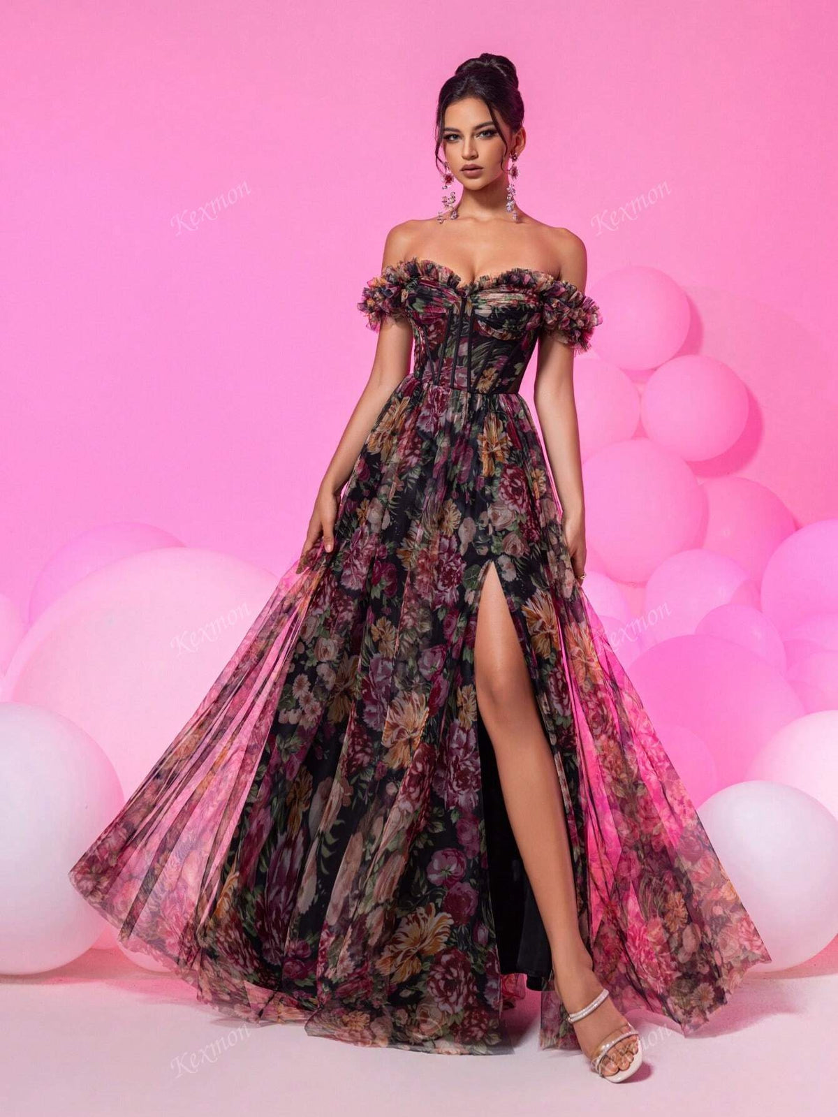 [Asymmetrically Shaped Handmade Flowers] Elegant Romantic Off-Shoulder Netted Floral Decor Long Split Party Ball Gown, Heavy Embellished Women's Formal Evening Dress