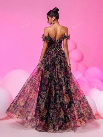 [Asymmetrically Shaped Handmade Flowers] Elegant Romantic Off-Shoulder Netted Floral Decor Long Split Party Ball Gown, Heavy Embellished Women's Formal Evening Dress