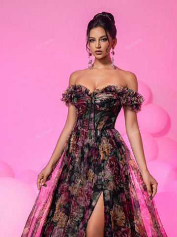 [Asymmetrically Shaped Handmade Flowers] Elegant Romantic Off-Shoulder Netted Floral Decor Long Split Party Ball Gown, Heavy Embellished Women's Formal Evening Dress