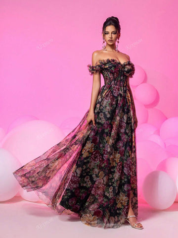 [Asymmetrically Shaped Handmade Flowers] Elegant Romantic Off-Shoulder Netted Floral Decor Long Split Party Ball Gown, Heavy Embellished Women's Formal Evening Dress