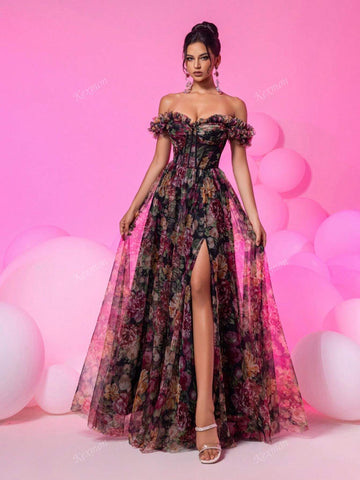 [Asymmetrically Shaped Handmade Flowers] Elegant Romantic Off-Shoulder Netted Floral Decor Long Split Party Ball Gown, Heavy Embellished Women's Formal Evening Dress