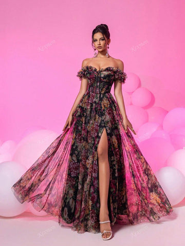 [Asymmetrically Shaped Handmade Flowers] Elegant Romantic Off-Shoulder Netted Floral Decor Long Split Party Ball Gown, Heavy Embellished Women's Formal Evening Dress