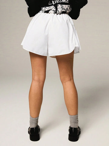 Athîral 1pc Women Solid Color Elastic Waist With Pockets Casual Shorts