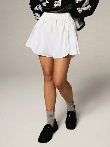 Athîral 1pc Women Solid Color Elastic Waist With Pockets Casual Shorts