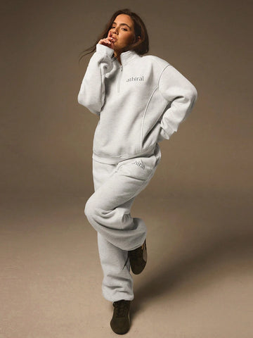 Athîral 2pcs/Set Women Letter Print Front Zipper Long Sleeve Top And Long Pants