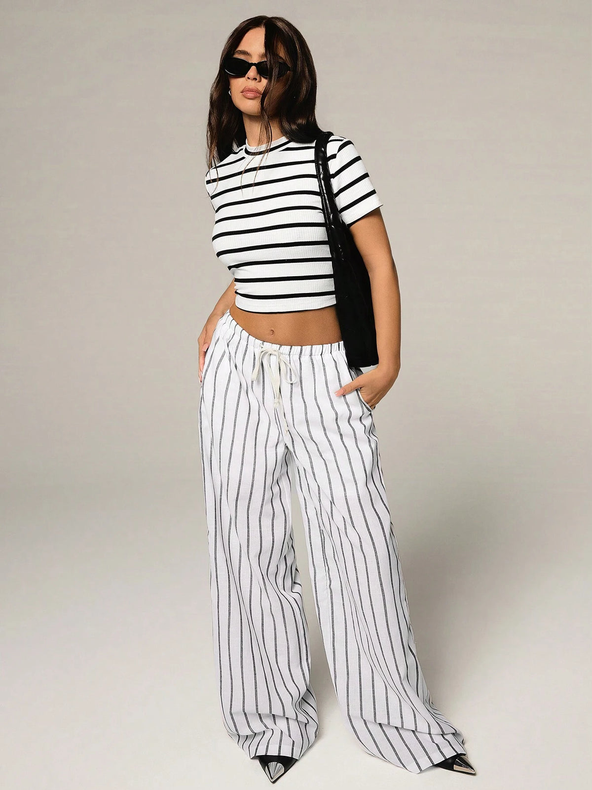 Athîral 2pcs/Set Women Striped Round Neck Short Sleeve Crop Top And Drawstring Waist Wide Leg Pants Casual Outfit