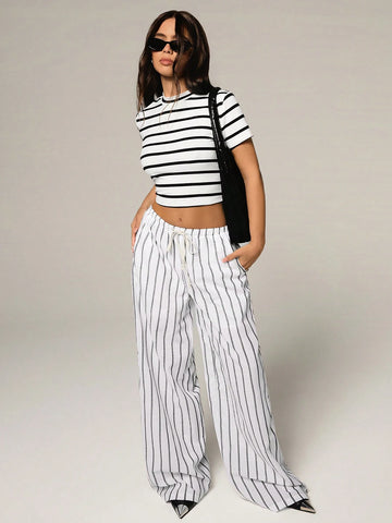 Athîral 2pcs/Set Women Striped Round Neck Short Sleeve Crop Top And Drawstring Waist Wide Leg Pants Casual Outfit