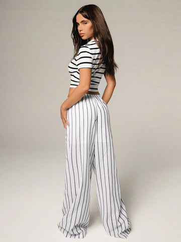Athîral 2pcs/Set Women Striped Round Neck Short Sleeve Crop Top And Drawstring Waist Wide Leg Pants Casual Outfit