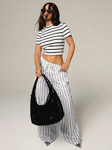 Athîral 2pcs/Set Women Striped Round Neck Short Sleeve Crop Top And Drawstring Waist Wide Leg Pants Casual Outfit