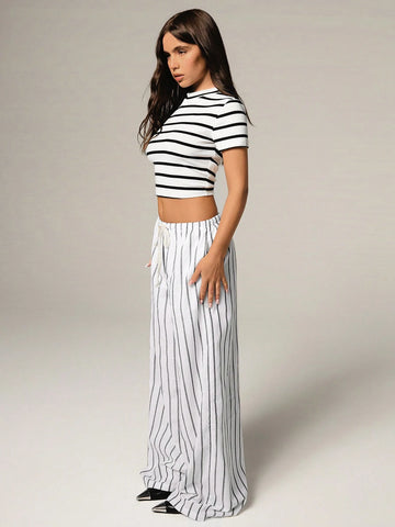 Athîral 2pcs/Set Women Striped Round Neck Short Sleeve Crop Top And Drawstring Waist Wide Leg Pants Casual Outfit