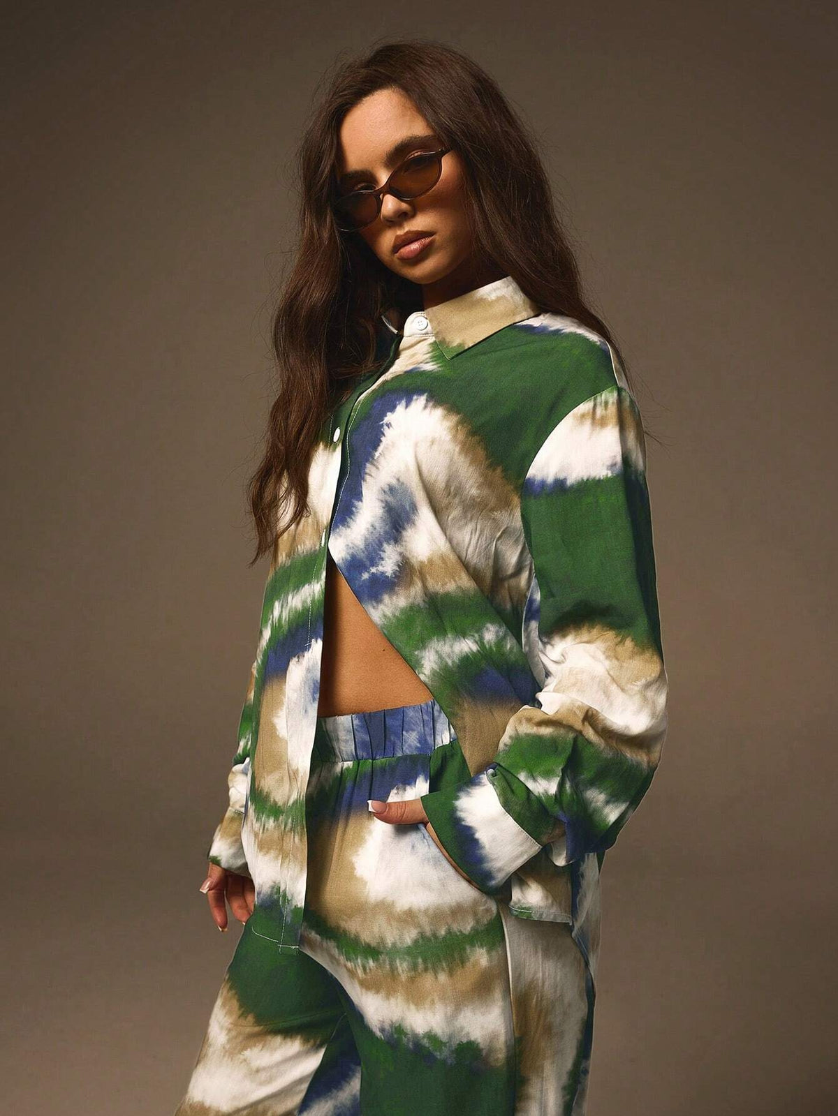 Athîral 2pcs/Set Women Tie-Dye Print Button Down Jacket And Full Length Pants Set