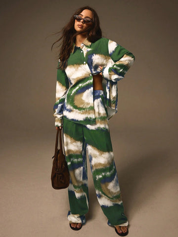 Athîral 2pcs/Set Women Tie-Dye Print Button Down Jacket And Full Length Pants Set