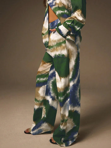 Athîral 2pcs/Set Women Tie-Dye Print Button Down Jacket And Full Length Pants Set
