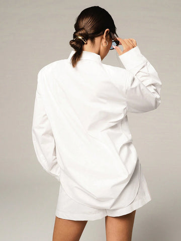 Athîral 2pcs Set Women Casual Solid Color Long Sleeve Shirt And Shorts, Autumn