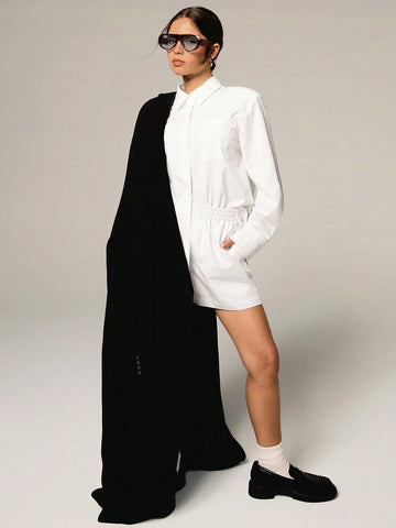 Athîral 2pcs Set Women Casual Solid Color Long Sleeve Shirt And Shorts, Autumn