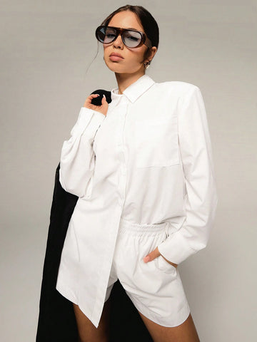 Athîral 2pcs Set Women Casual Solid Color Long Sleeve Shirt And Shorts, Autumn