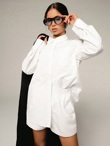 Athîral 2pcs Set Women Casual Solid Color Long Sleeve Shirt And Shorts, Autumn