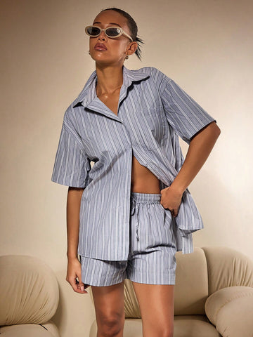 Athîral 2pcs Set Women Striped Short Sleeve Single-Breasted Shirt And Shorts