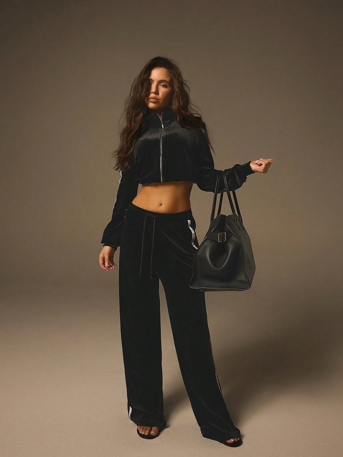 Athîral 2pcs Women Casual Contrast Trim Cropped Top And Long Pants Set, Autumn