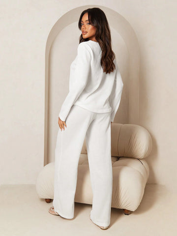 Athîral 2pcs Women Solid Color Long Sleeve Top And Pant Set, Minimalist Fashion Casual Everyday Wear
