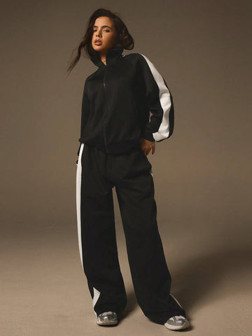 Athîral Women Autumn Contrast Color Zip Up Jacket And Pants 2pcs Set, Casual