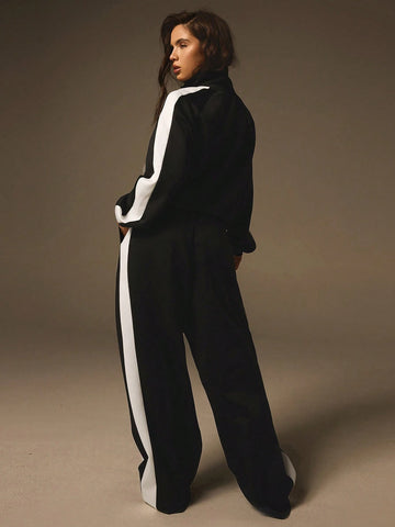 Athîral Women Autumn Contrast Color Zip Up Jacket And Pants 2pcs Set, Casual