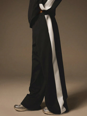 Athîral Women Autumn Contrast Color Zip Up Jacket And Pants 2pcs Set, Casual