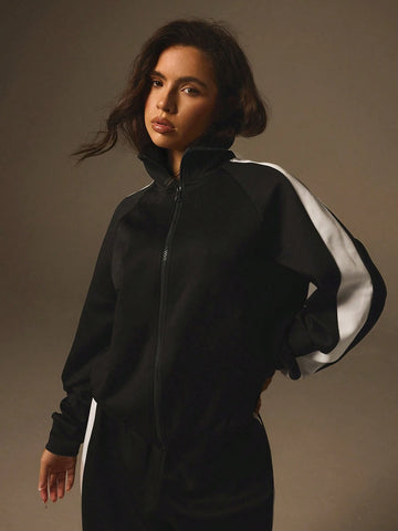 Athîral Women Autumn Contrast Color Zip Up Jacket And Pants 2pcs Set, Casual