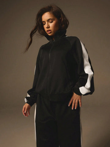 Athîral Women Autumn Contrast Color Zip Up Jacket And Pants 2pcs Set, Casual