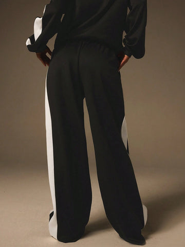 Athîral Women Autumn Contrast Color Zip Up Jacket And Pants 2pcs Set, Casual