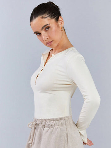 Athîral Women Plain Front Button Long Sleeve Casual Bodysuit