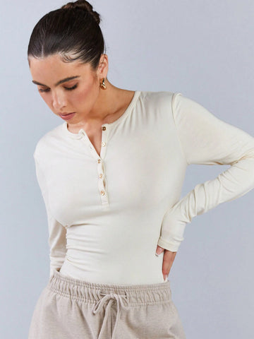 Athîral Women Plain Front Button Long Sleeve Casual Bodysuit