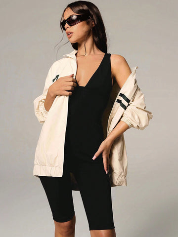 Athîral Women's Casual Simple Solid Color V-Neck Fitted Jumpsuit, For Summer