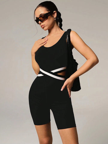 Athîral Women's Contrast Color Hollow Out Casual Jumpsuit Romper