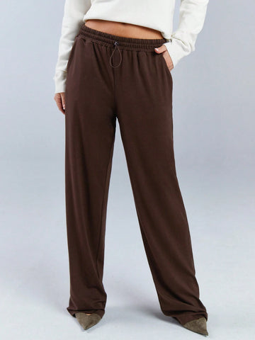 Athîral Women's Solid Color Elastic Waist Pocket Casual Pants